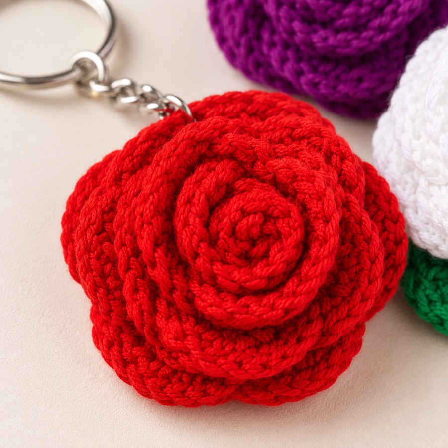 Crochet rose keychain