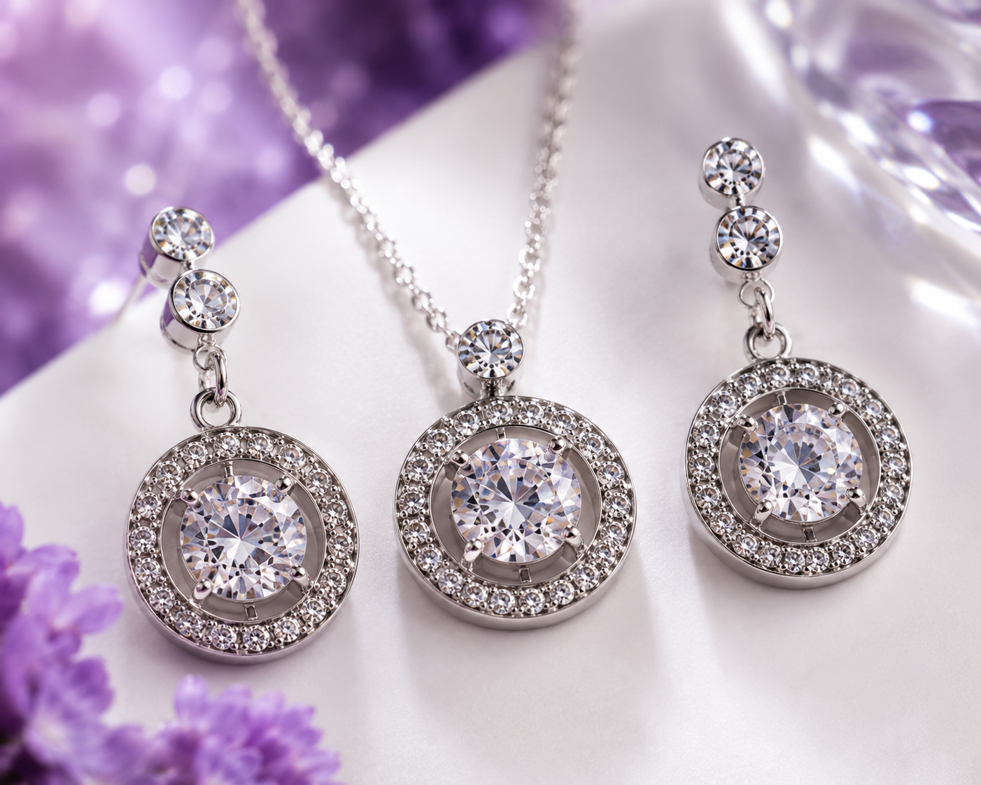 crystal silver jewellery set